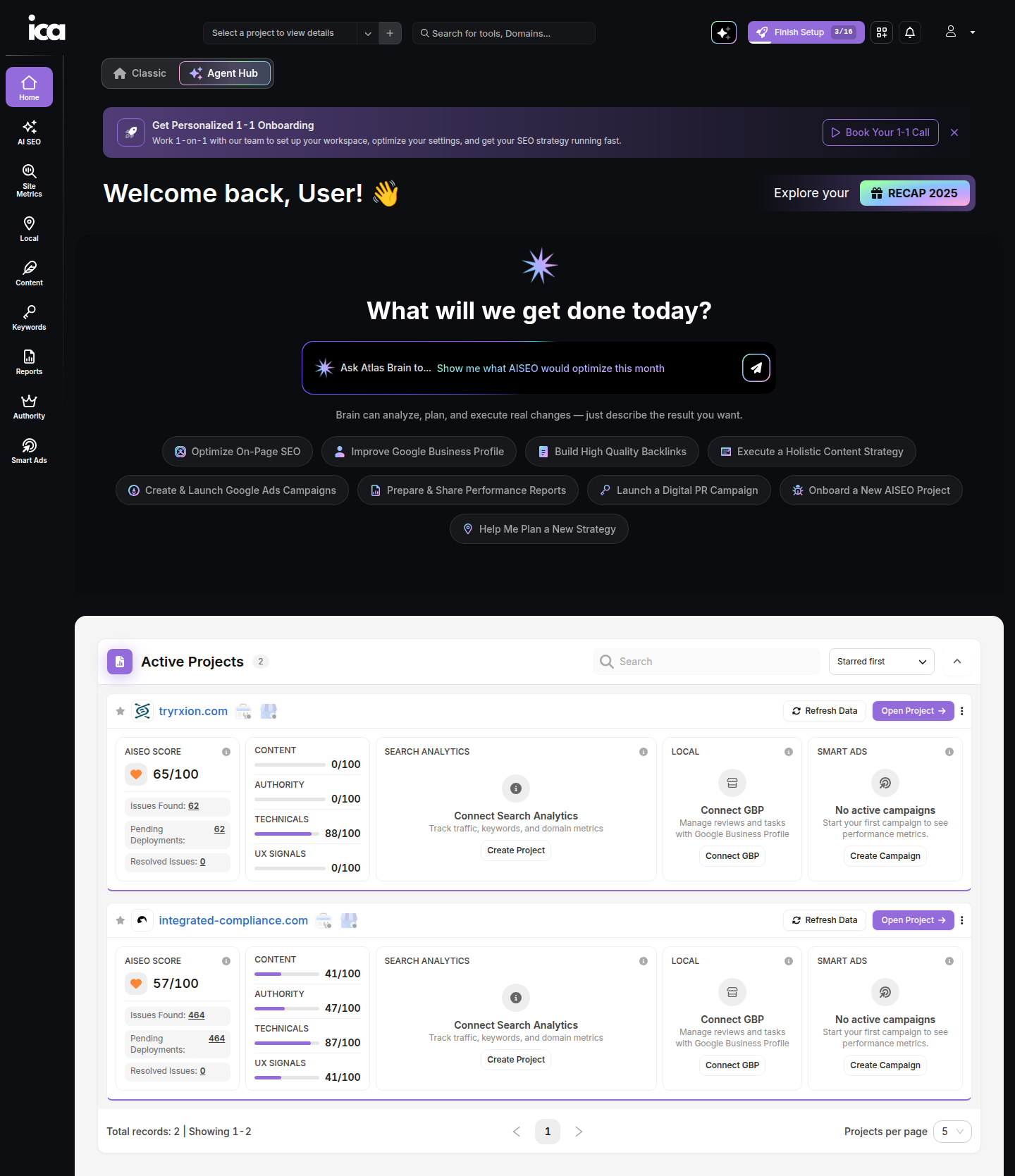 ICA SEO Dashboard showing site metrics, keyword rankings, and performance data